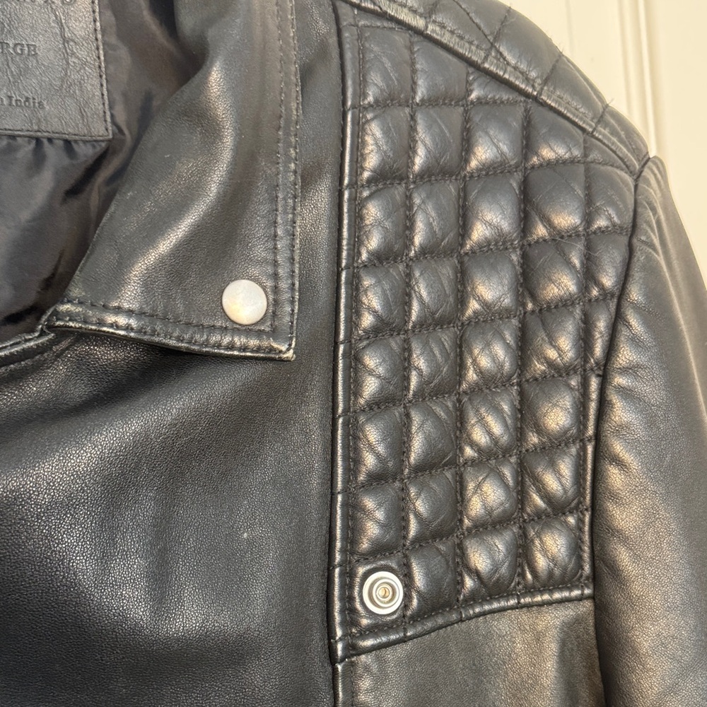 All Saints Mens Black Leather Biker Jacket with Quilted Shoulders - Picture 7 of 15